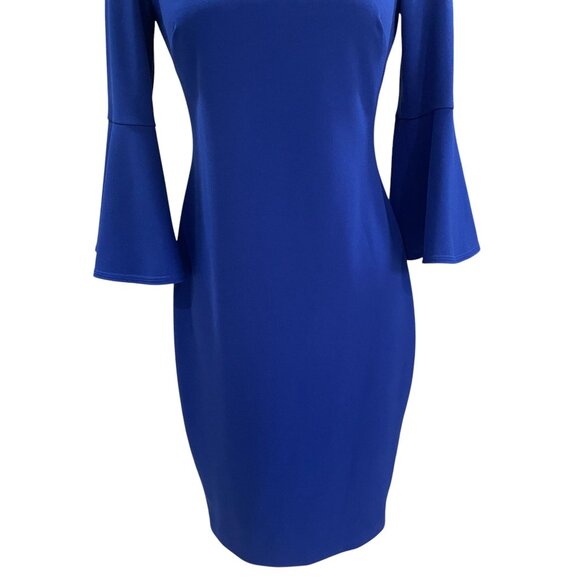 Calvin Klein Blue Bell Sleeve Sheath Dress Size 6 Stretch Midi Work Party - Picture 6 of 11